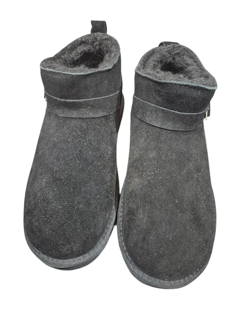 BearPaw Black Suede Shearling Ankle Boot with Buckle